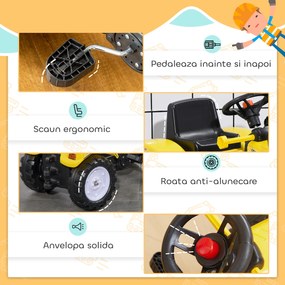 HOMCOM Excavator cu Pedale pentru Copii de 3 Ani cu Cupă Frontală și Volan, 114x41x52 cm, Galben | Aosom Romania