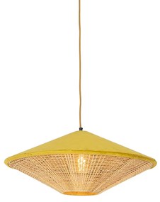 Lampă suspendată rustică cu catifea galbenă și ratan 60 cm - Frills Can