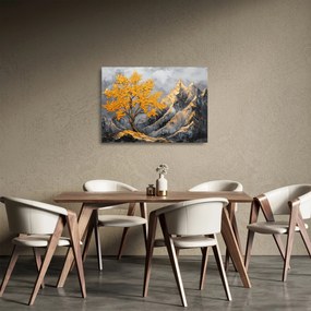 Tablou pe sticlă – Arbore auriu în munți (70x50 cm)
