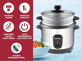 Aparat pentru gătit orez Beper 90.550, 400 W, 1 l, până la 625 g de orez, menținere a căldurii, oțel inoxidabil