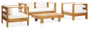Set mobilier gradina cu perne, 4 piese, crem, lemn masiv acacia Crem, 4, Canapea cu 2 locuri + 2x fotoliu + masa