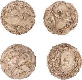Sferă decorativă din polirășină, crem cu auriu, glob decorativ cu ornamente baroce în relief, aspect vintage, finisaj antichizat, 10 cm, „Orbe”