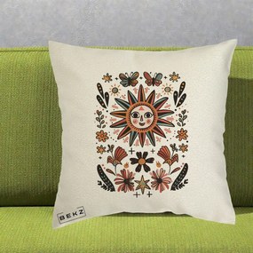 Perna Decorativa Soare Boho Folk Fluturi, 40x40 cm, Ecru, Husa Detasabila, Perna Inclusa, BEKZ®