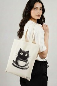 Sacosa de Panza pentru Cumparaturi, Geanta Tote, model Caffeine Cat 12 38 x 34.5 cm, Alba, BEKZ®