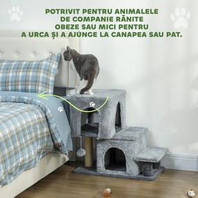 PawHut Scara pentru Pisici cu 4 Trepte Reglabile, 2 Căsuțe și Stâlp pentru Zgâriat Gri | Aosom Romania