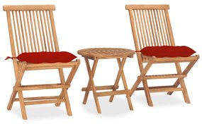 Set mobilier de exterior pliabil, cu perna, 3 piese, lemn masiv tec Rosu, 3