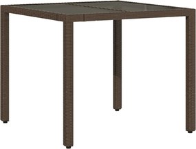 vidaXL Masă de grădină cu blat din sticlă, maro, 90x90x75cm, poliratan