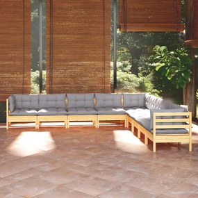 3096814 vidaXL Set mobilier de grădină cu perne gri, 9 piese, lemn masiv pin