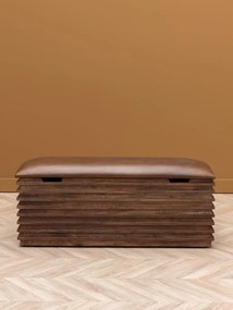 Banchetă din piele naturală cu structură și spațiu de depozitare din lemn de acacia, maro antichizat, finisaj lucios, 110×40,5×36 cm, „Leya"