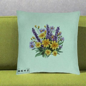 Perna Decorativa Lavanda cu Margarete Galbene si Lila, 40x40 cm, Verde Menta, Husa Detasabila, Perna Inclusa, BEKZ®