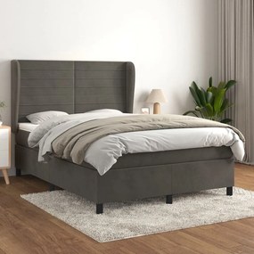 Pat box spring cu saltea, gri inchis, 140x190 cm, catifea Morke gra, 140 x 190 cm, Benzi orizontale