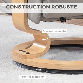 HOMCOM Fotoliu de relaxare inclinabil cu suport pentru picioare, pivotant, cadru din lemn, material sintetic gri | Aosom Romania