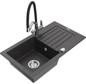 Mexen Pablo chiuvetă de granit cu o singură cuvă cu scurgător și baterie de bucătărie Duo, negru pătat - 6510-76-671701-07