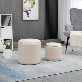 HOMCOM Set de 2 Pouf-uri pentru Depozitare Salvaspazio Rotunde și Îmbunătățite din Catifea cu Nervuri, Alb | Aosom Romania