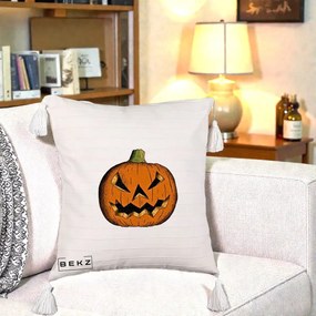 Perna Decorativa Halloween Dovleac Portocaliu Clasic, 40x40 cm, Bej cu Franjuri, Husa Detasabila, Perna Inclusa, BEKZ®