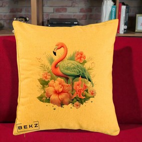 Perna Decorativa Flamingo cu Hibiscus Tropical, 40x40 cm, Galben, Husa Detasabila, Perna Inclusa, BEKZ®