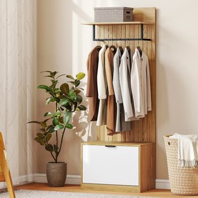 HOMCOM Cuier de Hol cu Pantofar Rabatabil, Cuier cu Bancă, 4 Cârlige și Rafturi pentru Pantofi, Organizator Modern pentru Hol și Coridor, Stejar și Alb | Aosom Romania