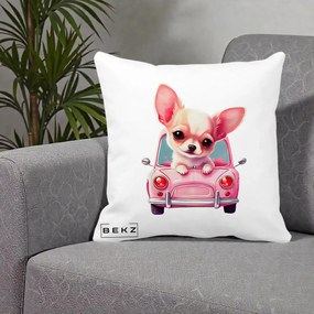 Perna Decorativa Chihuahua Roz in Masinuta, 40x40 cm, Alba Mata, Husa Detasabila, Perna Inclusa, BEKZ®