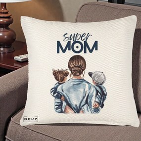 Cadou pentru Mama - Perna Personalizata Super Mom, 40x40 cm, Crem Reliefat, Husa Detasabila, Perna Inclusa, BEKZ®