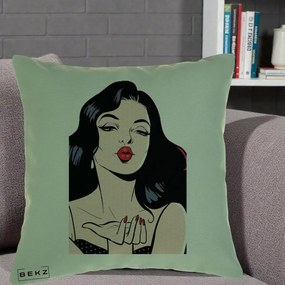 Perna Decorativa Femeie Pop-Art Kiss, 40x40 cm, Verde, Husa Detasabila, Perna Inclusa, BEKZ®