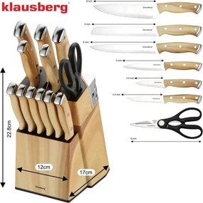 Set de cuțite de bucătărie Klausberg KB 9038, 13 piese, ascuțitor încorporat, oțel inoxidabil, suport, maro
