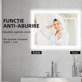 Kleankin Oglindă LED pentru Baie cu Rama din Aluminiu, 3 Temperaturi de Culoare, Memorie, 90x70cm | Aosom Romania