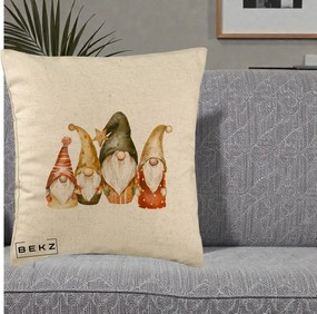 Perna Decorativa Gnomi de Craciun Patru, 40x40 cm, Bej, Husa Detasabila, Perna Inclusa, BEKZ®