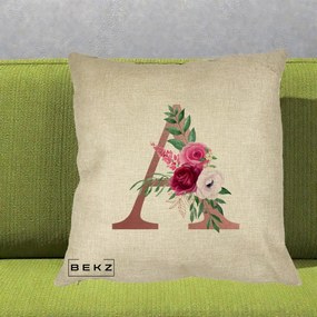 Cadou Personalizat - Perna Personalizata Monograma Rose Gold Litera A, 40x40 cm, Crem, Husa Detasabila, Perna Inclusa, BEKZ®
