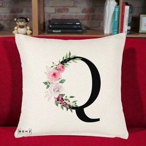 Cadou Personalizat - Perna Personalizata Monograma Florala Litera Q, 40x40 cm, Crem Reliefat, Husa Detasabila, Perna Inclusa, BEKZ®