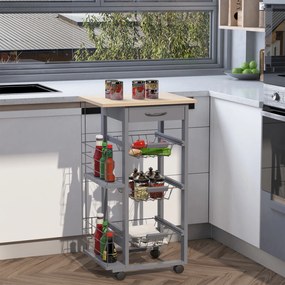 HOMCOM Carucior Bucatarie Multifunctional cu 3 Sertare Detasabile 2 Suporturi Sticle Lemn de Pin Metal 47x37x83cm Stejar Gri | Aosom Romania