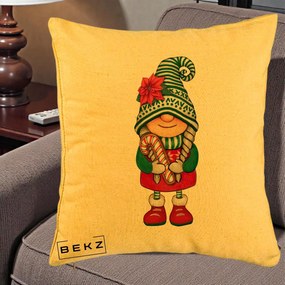 Perna Decorativa Gnom Craciun Verde cu Bomboane si Floare, 40x40 cm, Galben, Husa Detasabila, Perna Inclusa, BEKZ®