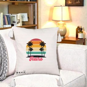 Perna Decorativa Retro Sunset Palmieri, 40x40 cm, Bej cu Franjuri, Husa Detasabila, Perna Inclusa, BEKZ®