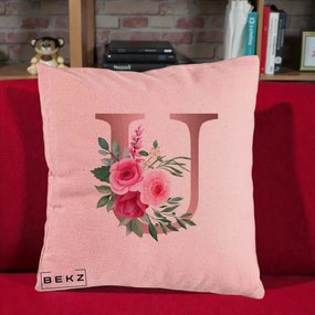 Cadou Personalizat - Perna Personalizata Monograma Rose Gold Litera U, 40x40 cm, Roz, Husa Detasabila, Perna Inclusa, BEKZ®