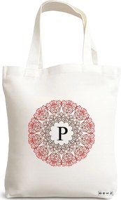 Sacosa de Panza pentru Cumparaturi, Geanta Tote, Cu litera P si Mandala, 38x34.5 cm, Alba, BEKZ®