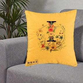 Cadou Personalizat - Perna Personalizata Monogram Litera I cu Flori Acuarela, 40x40 cm, Galben, Husa Detasabila, Perna Inclusa, BEKZ®