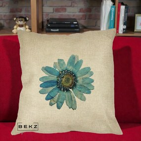 Perna Decorativa Floare Margareta Albastra Acuarela, 40x40 cm, Crem, Husa Detasabila, Perna Inclusa, BEKZ®