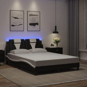vidaXL Cadru de pat cu LED, negru și alb, 140x200 cm, piele ecologică