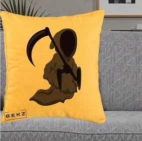 Perna Decorativa Moartea cu Coasa Grim Reaper Halloween, 40x40 cm, Galben, Husa Detasabila, Perna Inclusa, BEKZ®