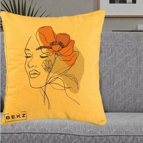 Perna Decorativa Portret Feminin Mac Mare Portocaliu, 40x40 cm, Galben, Husa Detasabila, Perna Inclusa, BEKZ®