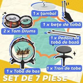 AIYAPLAY Set Tobă de Jucărie pentru Copii cu Scaun, Joc Muzical pentru Copii 3-6 Ani, Negru | Aosom Romania