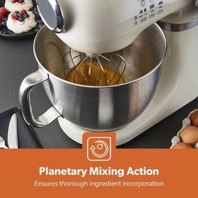Mixer planetar Swiss Haus SH-KM2005, 1000 W, 5 l, 12 viteze, Pornire treptata, Cap rabatabil, Bol din inox, Crem