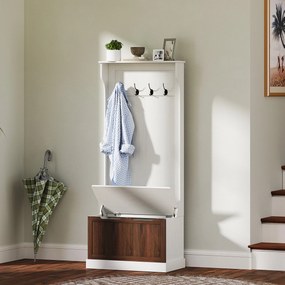 HOMCOM Cuier de Intrare 3 în 1 cu 4 Cârlige, Etajeră pentru Pantofi și Bancă Depozitare, 71,5x39,5x170 cm, Maro | Aosom Romania