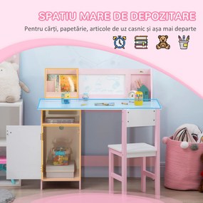 HOMCOM Set Masă și Scaune pentru Copii 5-8 Ani cu Spațiu de Depozitare, Tablă și Scaun, 90x45x85 cm, Roz | Aosom Romania