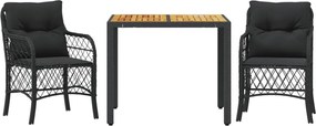 vidaXL Set bistro cu perne, 3 piese, negru, poliratan