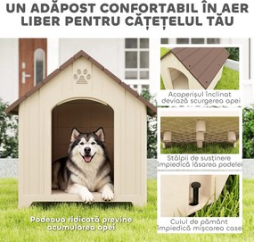 PawHut Căsuță pentru Câini de Exterior, Talie Mare și XL, Adăpost din Plastic Impermeabil cu Bază Ridicată, Ferestre și Acoperiș Înclinat pentru Grădină, Terasă, Curte, 102x94x103 cm, Bej | Aosom Romania