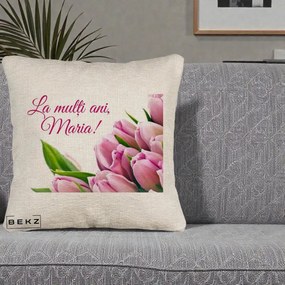 Cadou de Onomastica - Perna Personalizata La Multi Ani Maria Lalele, 40x40 cm, Bej Canapea, Husa Detasabila, Perna Inclusa, BEKZ®