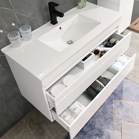 Mască de baie Cube 100 cu chiuvetă ceramică, 2 sertare, vopsită în alb lucios
