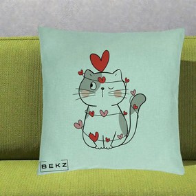 Perna Decorativa Pisica Kawaii cu Inimi, 40x40 cm, Verde Menta, Husa Detasabila, Perna Inclusa, BEKZ®