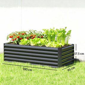 Outsunny Pat de Grădină Ridicat pentru Exterior cu Fund Deschis și Bare de Susținere, Jardinieră din Oțel Galvanizat, pentru Flori, Legume, Balcon sau Grădină, 180x90x57,5 cm, Gri Închis | Aosom Romania