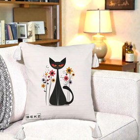 Perna Decorativa Pisica Neagra Ochi Rosii Flori, 40x40 cm, Bej cu Franjuri, Husa Detasabila, Perna Inclusa, BEKZ®